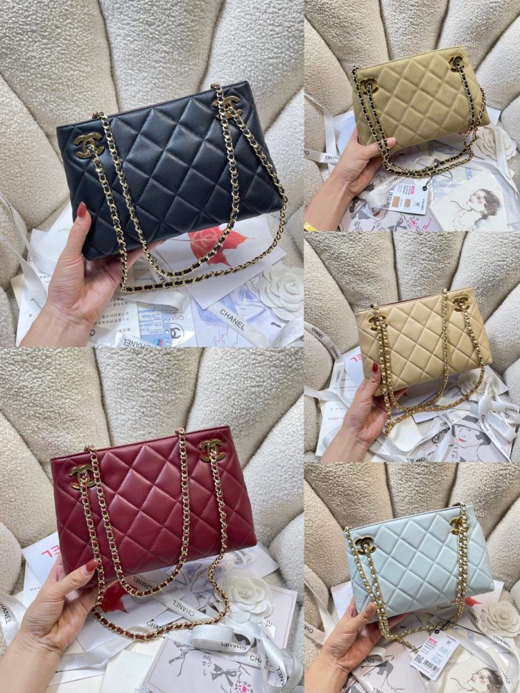 Chanel Mini Shopping Tote AS6248, Matelassé Lambskin Chain Shoulder Bag, Gold-Tone Metal Double C Hardware