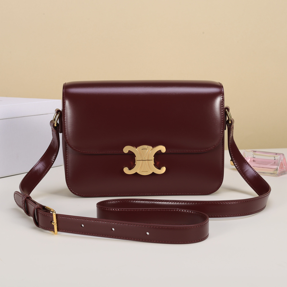 Celine Triomphe Medium Shoulder Bag, Shiny Calfskin Rectangular Flap Crossbody Bag
