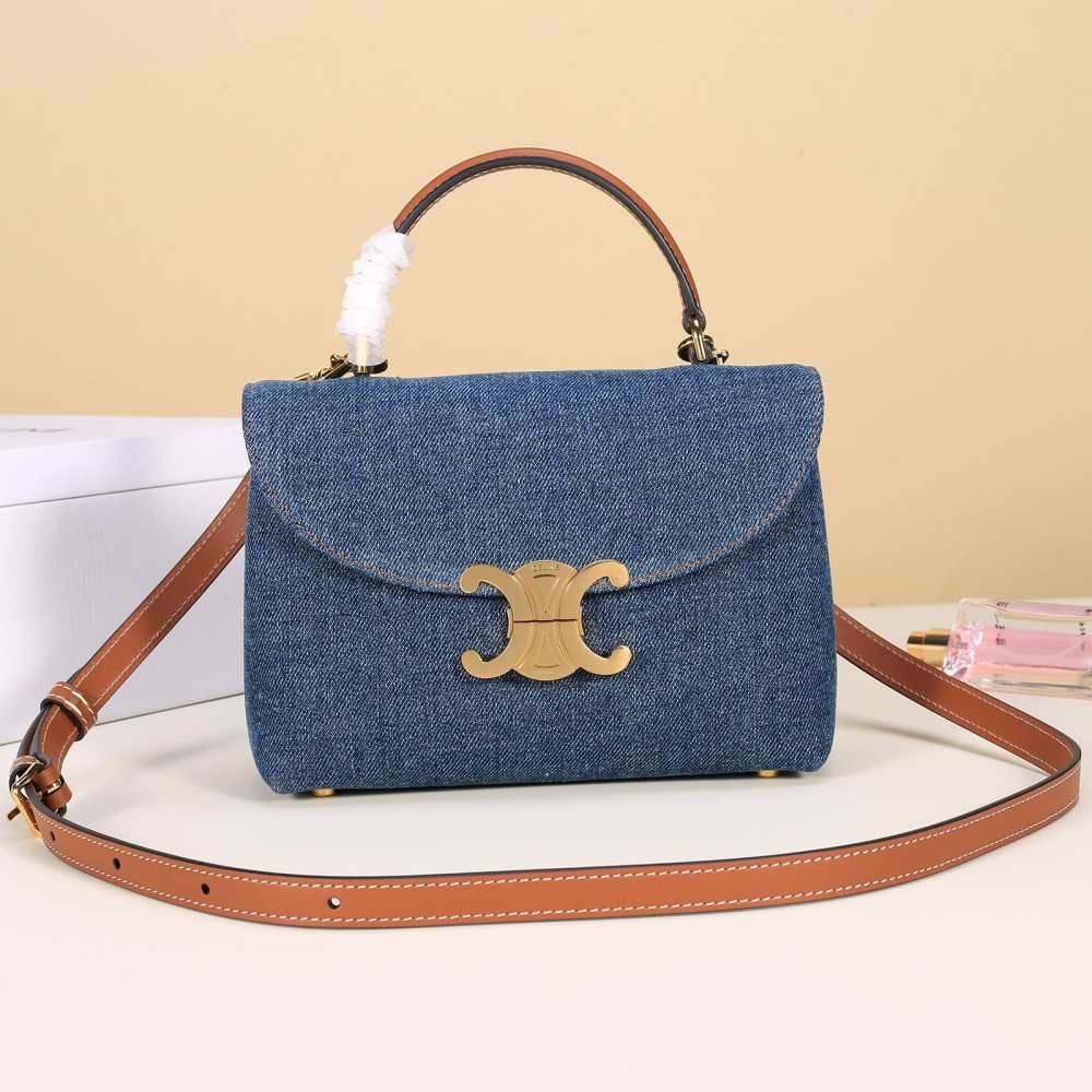 Celine Mini Triomphe Flap Handbag, Top Handle Leather Crossbody Purse