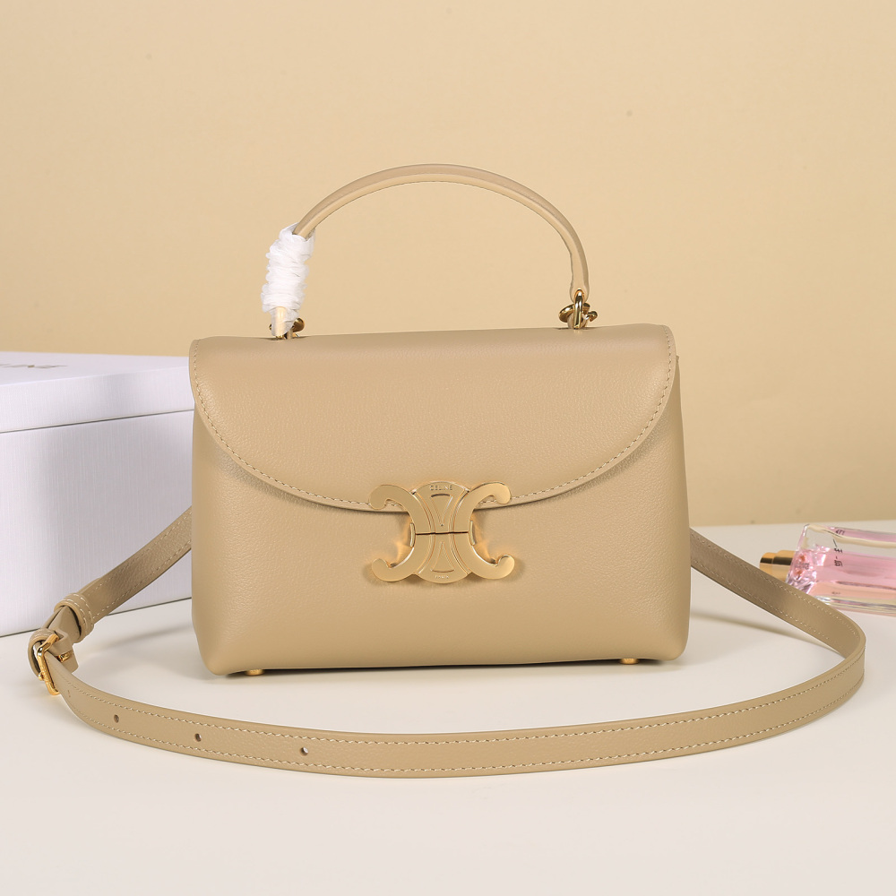 Celine Mini Triomphe Flap Handbag, Top Handle Leather Crossbody Purse