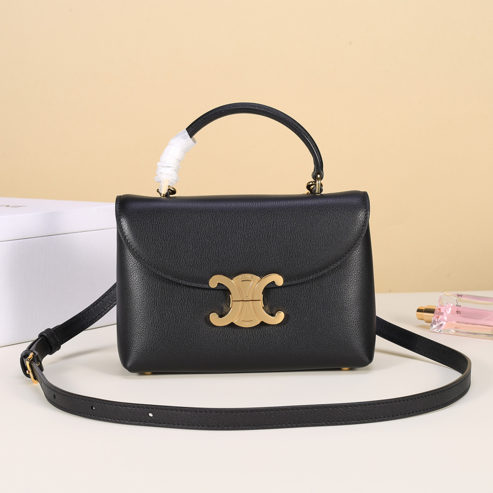 Celine Mini Triomphe Flap Handbag, Top Handle Leather Crossbody Purse