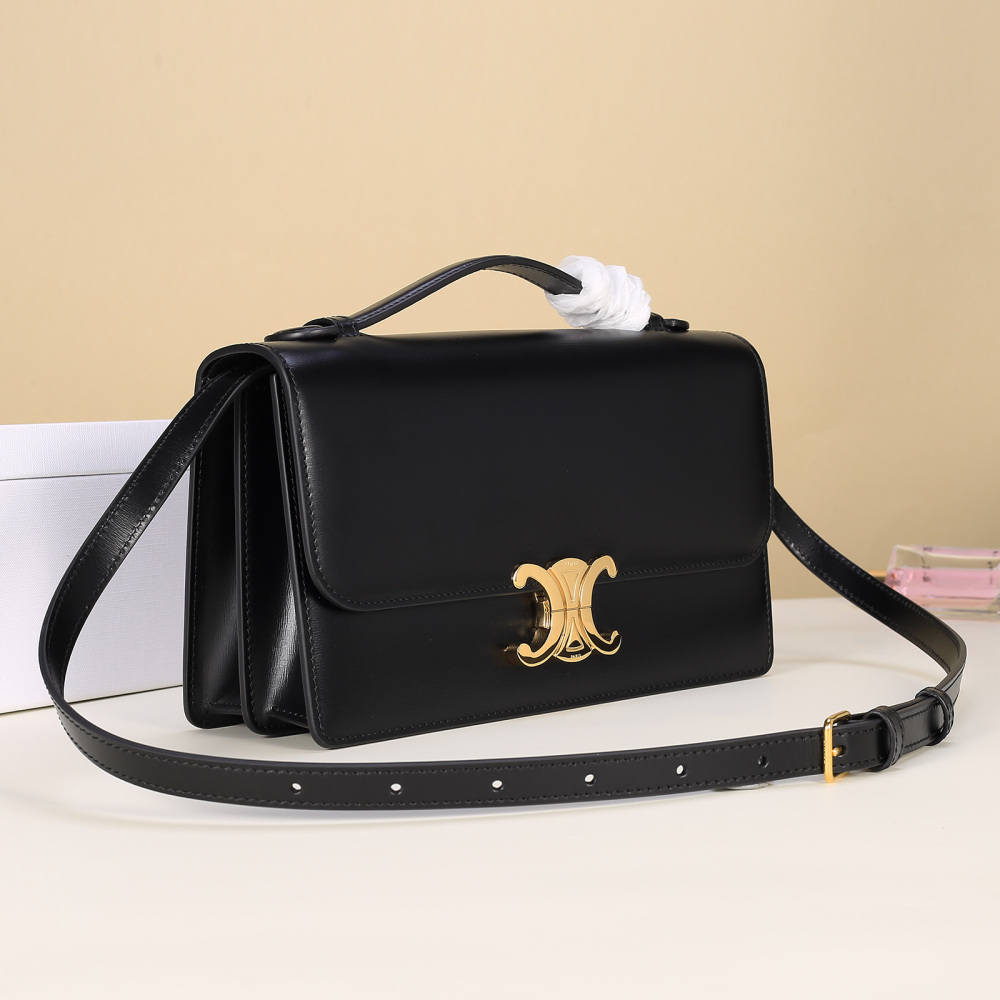Celine Triomphe East-West Shoulder Bag, Shiny Calfskin Rectangular Flap Handbag
