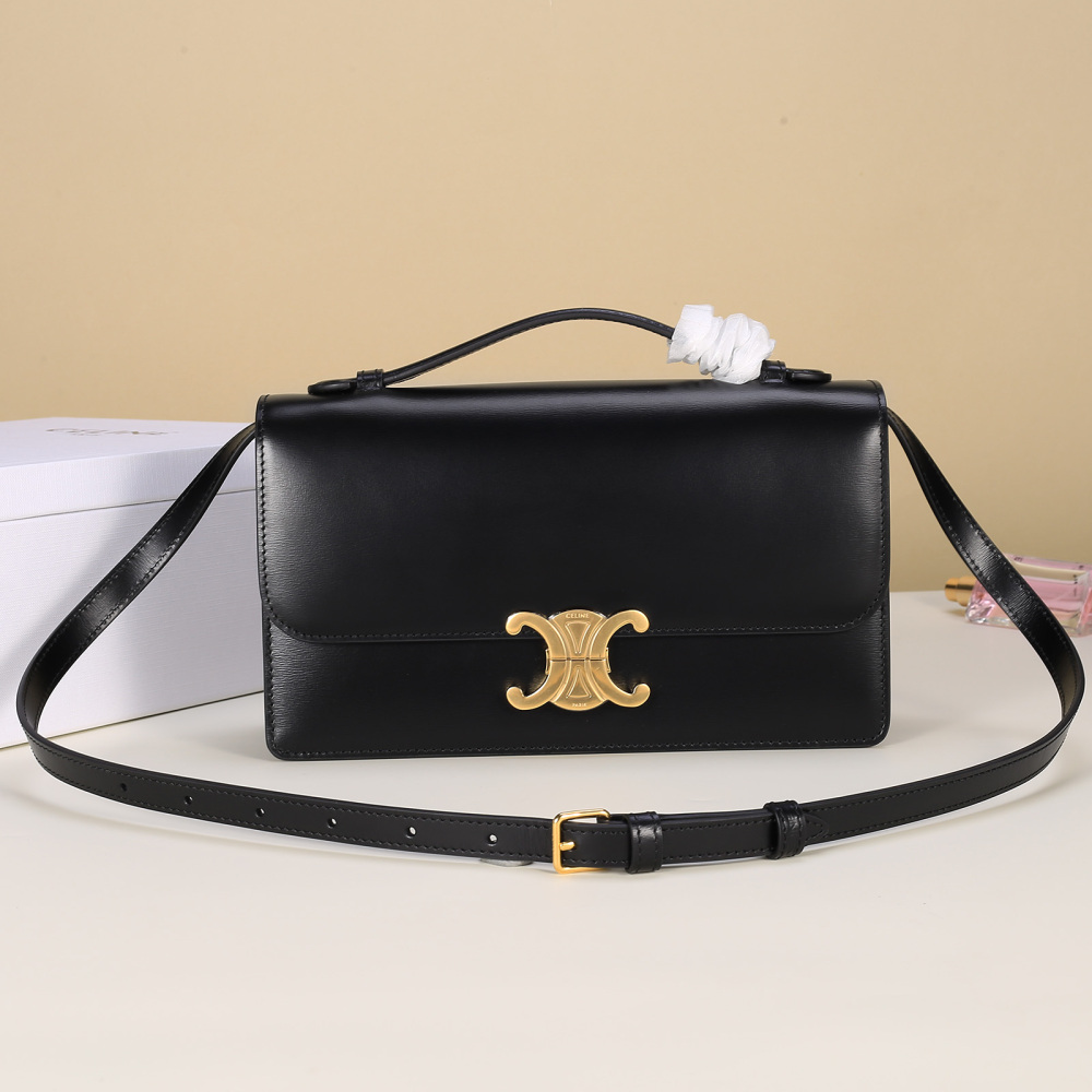 Celine Triomphe East-West Shoulder Bag, Shiny Calfskin Rectangular Flap Handbag