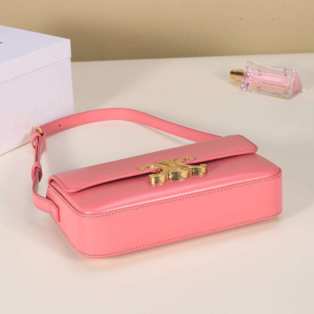 Celin Shiny Calfskin Triomphe Shoulder Bag, Adjustable Strap Daily Crossbody Purse