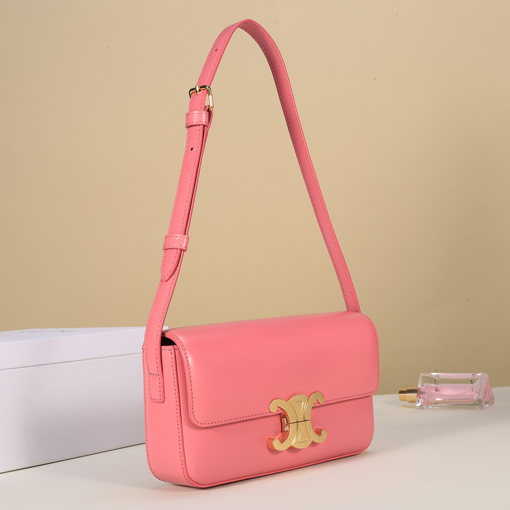 Celin Shiny Calfskin Triomphe Shoulder Bag, Adjustable Strap Daily Crossbody Purse
