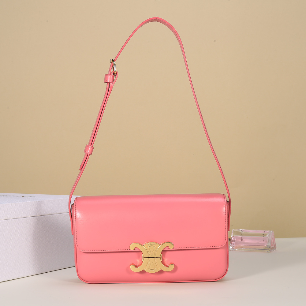 Celin Shiny Calfskin Triomphe Shoulder Bag, Adjustable Strap Daily Crossbody Purse
