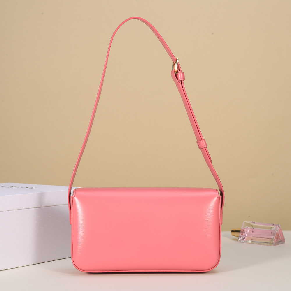 Celin Shiny Calfskin Triomphe Shoulder Bag, Adjustable Strap Daily Crossbody Purse