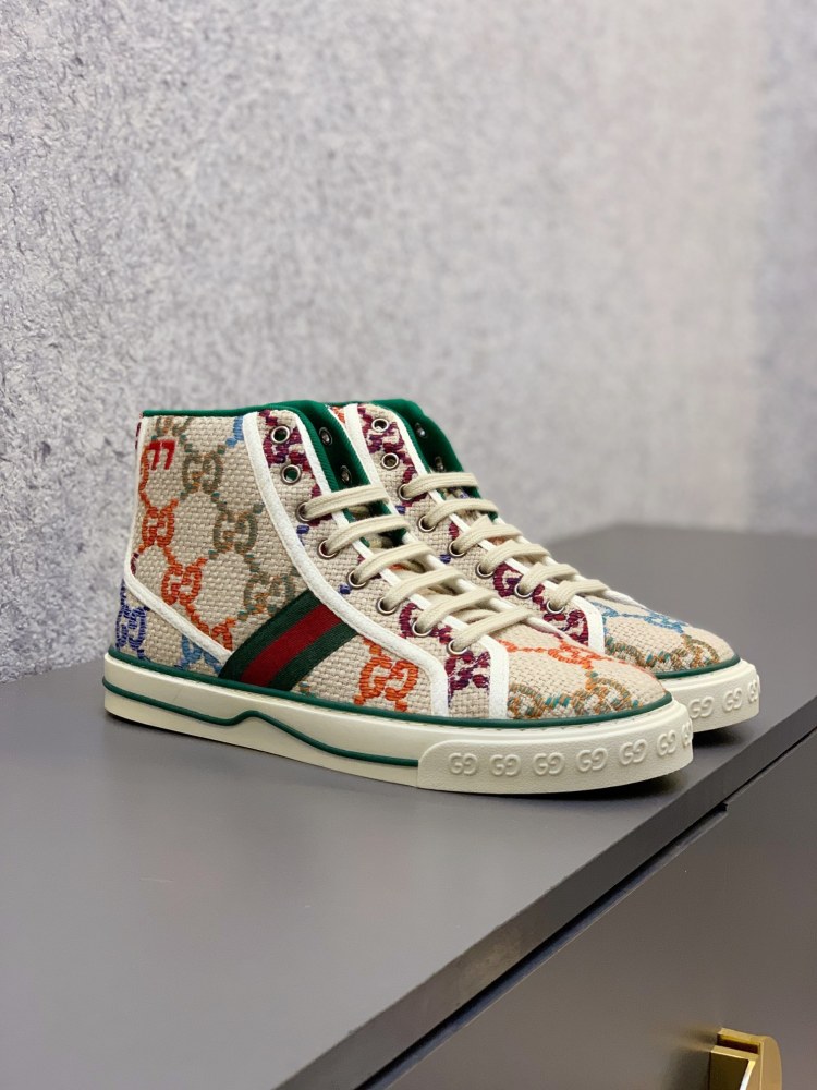 Gucci Tennis 1977 High‑Top Sneakers, GG Canvas Retro Casual Lace‑Up Board Shoes For Men Women-Brown