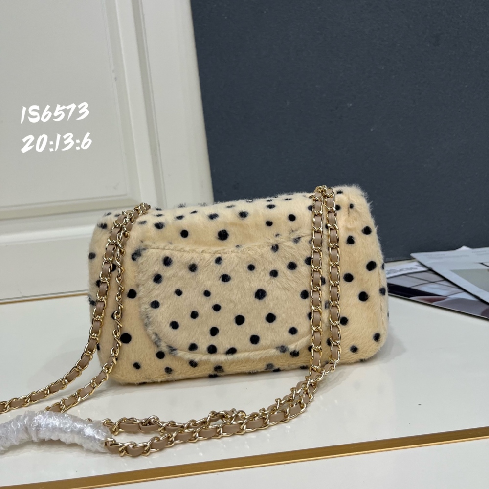Chanel Classic Flap Mink Fur Shoulder Bag, Cream Base Black Polka Dot Chain Crossbody Bag