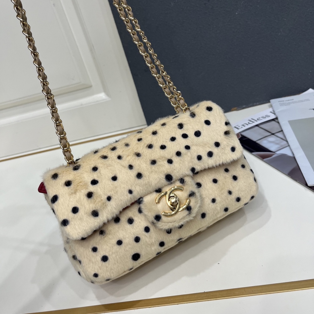 Chanel Classic Flap Mink Fur Shoulder Bag, Cream Base Black Polka Dot Chain Crossbody Bag