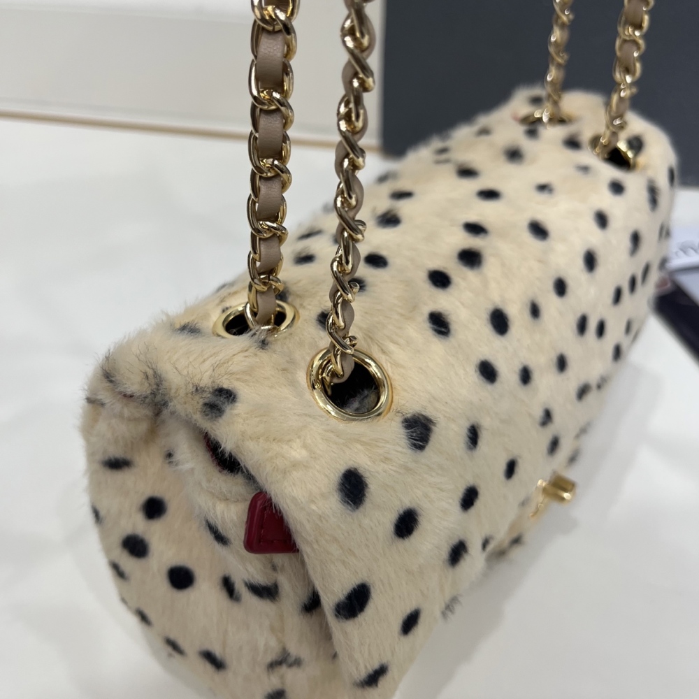 Chanel Classic Flap Mink Fur Shoulder Bag, Cream Base Black Polka Dot Chain Crossbody Bag