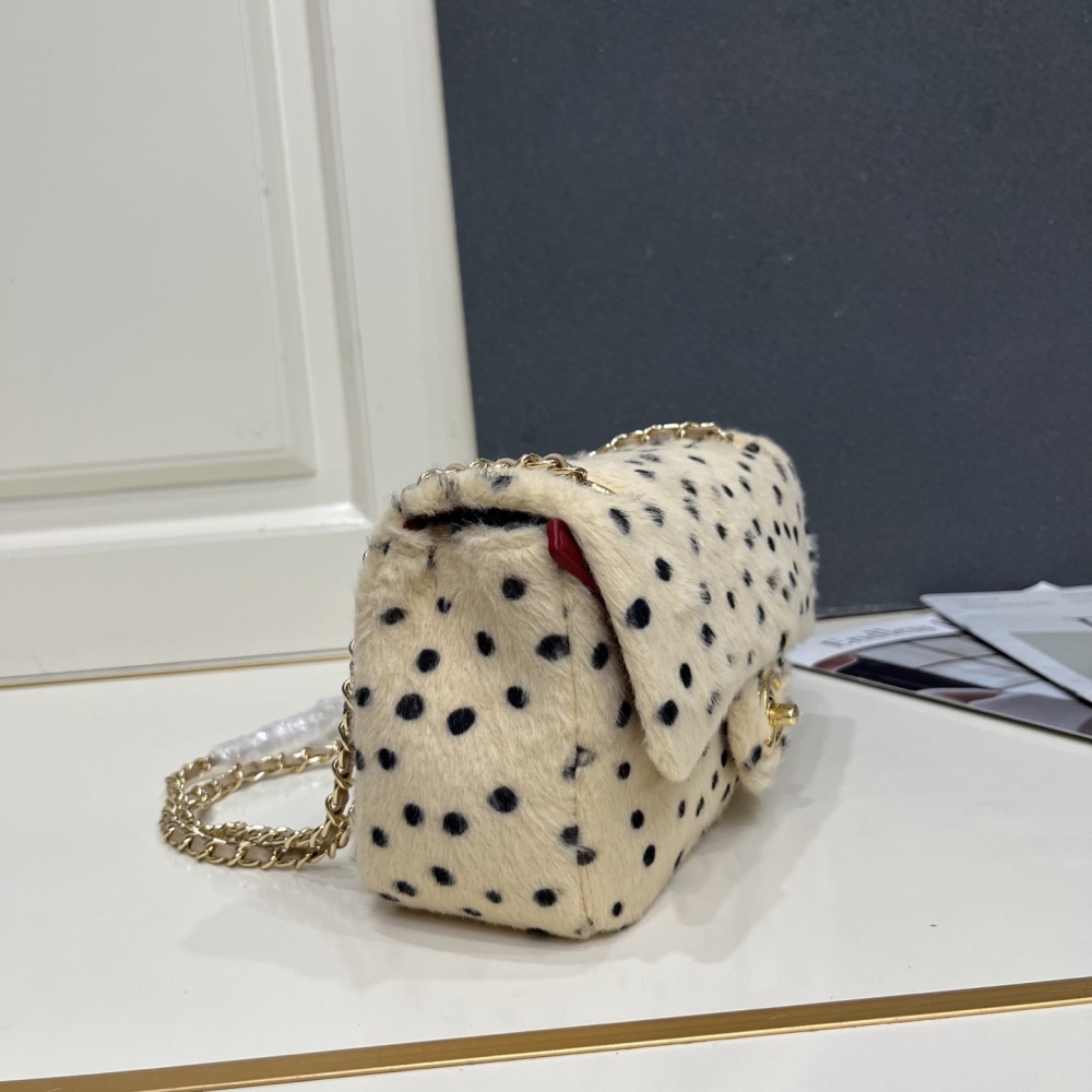 Chanel Classic Flap Mink Fur Shoulder Bag, Cream Base Black Polka Dot Chain Crossbody Bag
