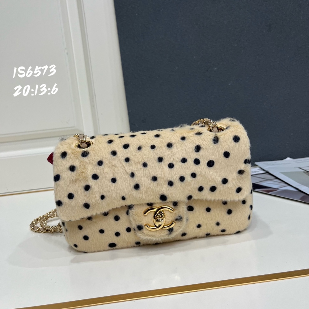 Chanel Classic Flap Mink Fur Shoulder Bag, Cream Base Black Polka Dot Chain Crossbody Bag