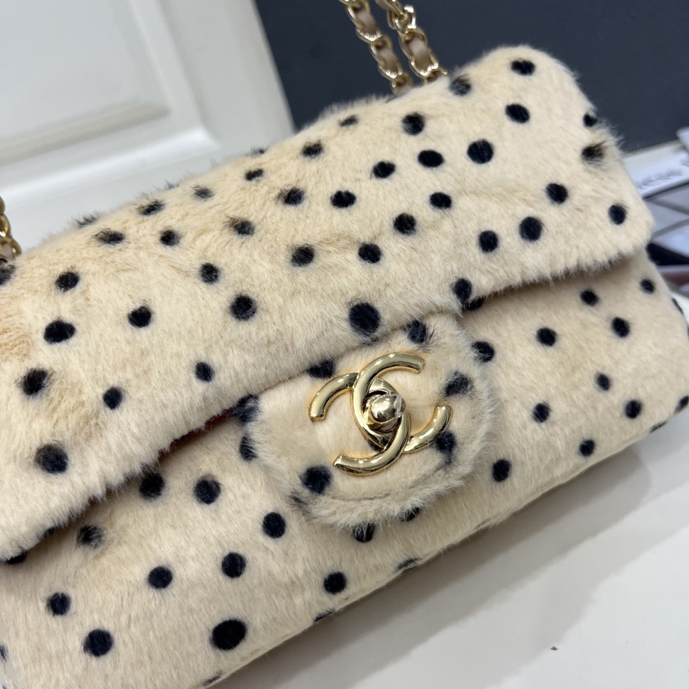 Chanel Classic Flap Mink Fur Shoulder Bag, Cream Base Black Polka Dot Chain Crossbody Bag