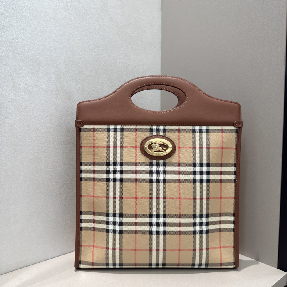 Burberry Vintage Check Pocket Tote Archive Beige Plaid Canvas Brown Leather Trim Two Sizes Crossbody Bag