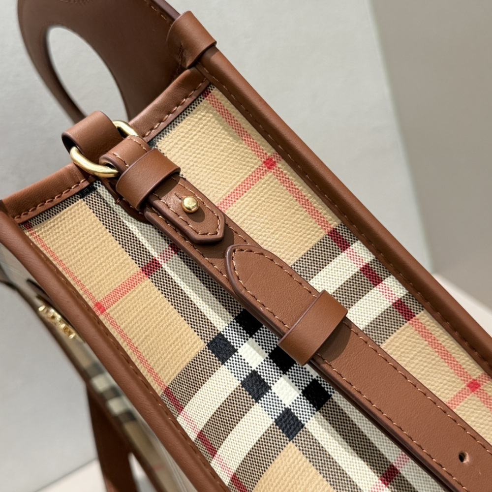 Burberry Vintage Check Pocket Tote Archive Beige Plaid Canvas Brown Leather Trim Two Sizes Crossbody Bag