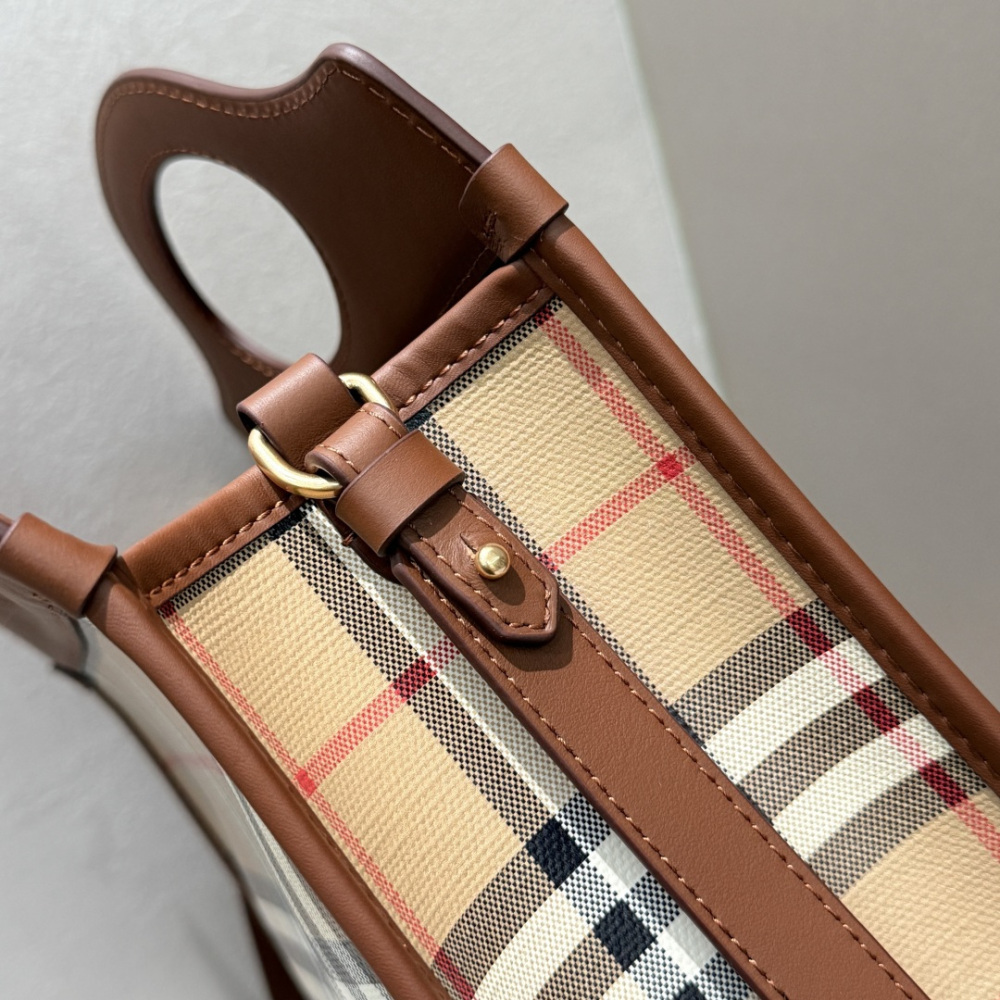 Burberry Vintage Check Pocket Tote Archive Beige Plaid Canvas Brown Leather Trim Two Sizes Crossbody Bag