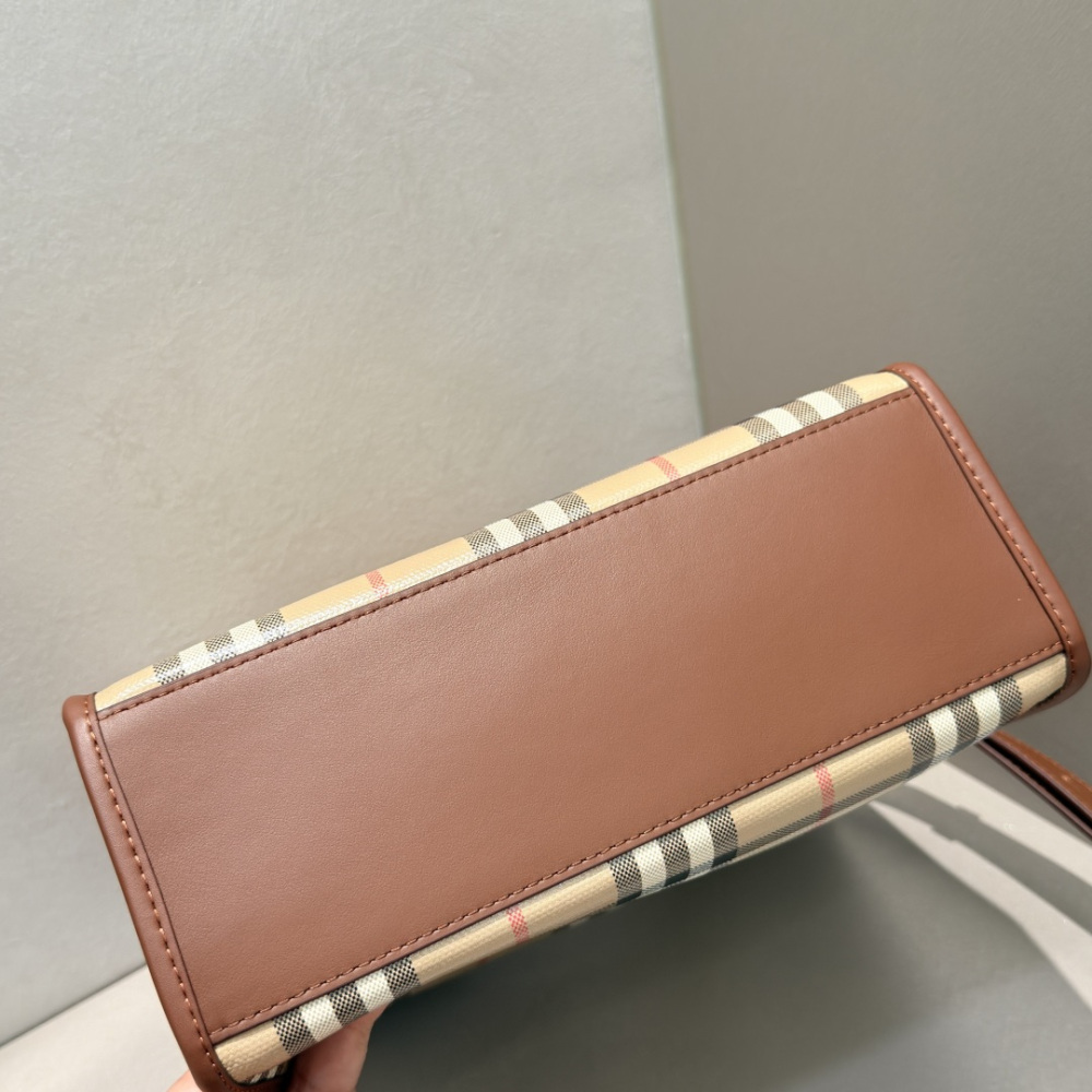 Burberry Vintage Check Pocket Tote Archive Beige Plaid Canvas Brown Leather Trim Two Sizes Crossbody Bag