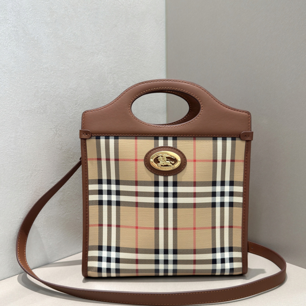 Burberry Vintage Check Pocket Tote Archive Beige Plaid Canvas Brown Leather Trim Two Sizes Crossbody Bag