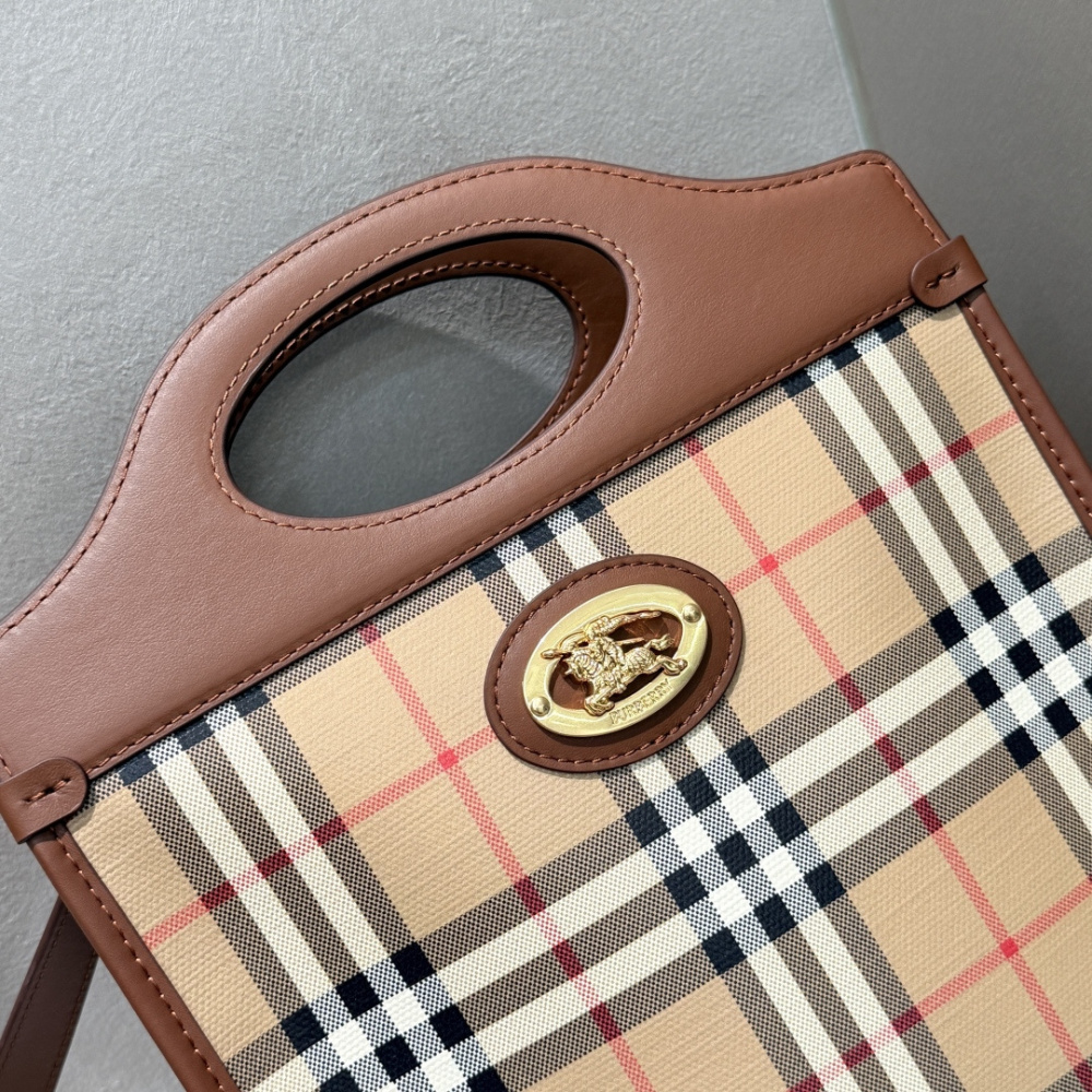 Burberry Vintage Check Pocket Tote Archive Beige Plaid Canvas Brown Leather Trim Two Sizes Crossbody Bag