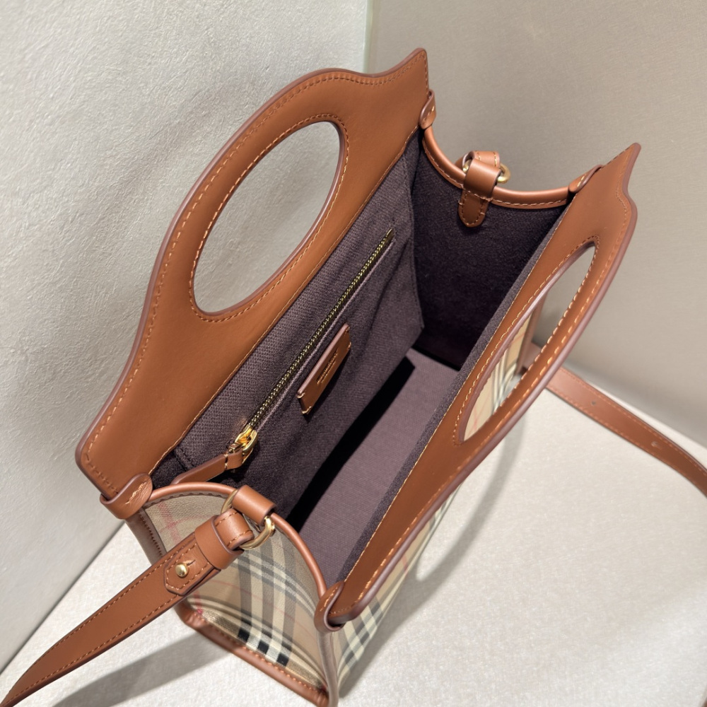 Burberry Vintage Check Pocket Tote Archive Beige Plaid Canvas Brown Leather Trim Two Sizes Crossbody Bag