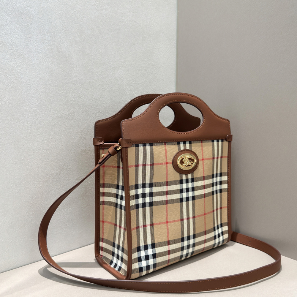 Burberry Vintage Check Pocket Tote Archive Beige Plaid Canvas Brown Leather Trim Two Sizes Crossbody Bag