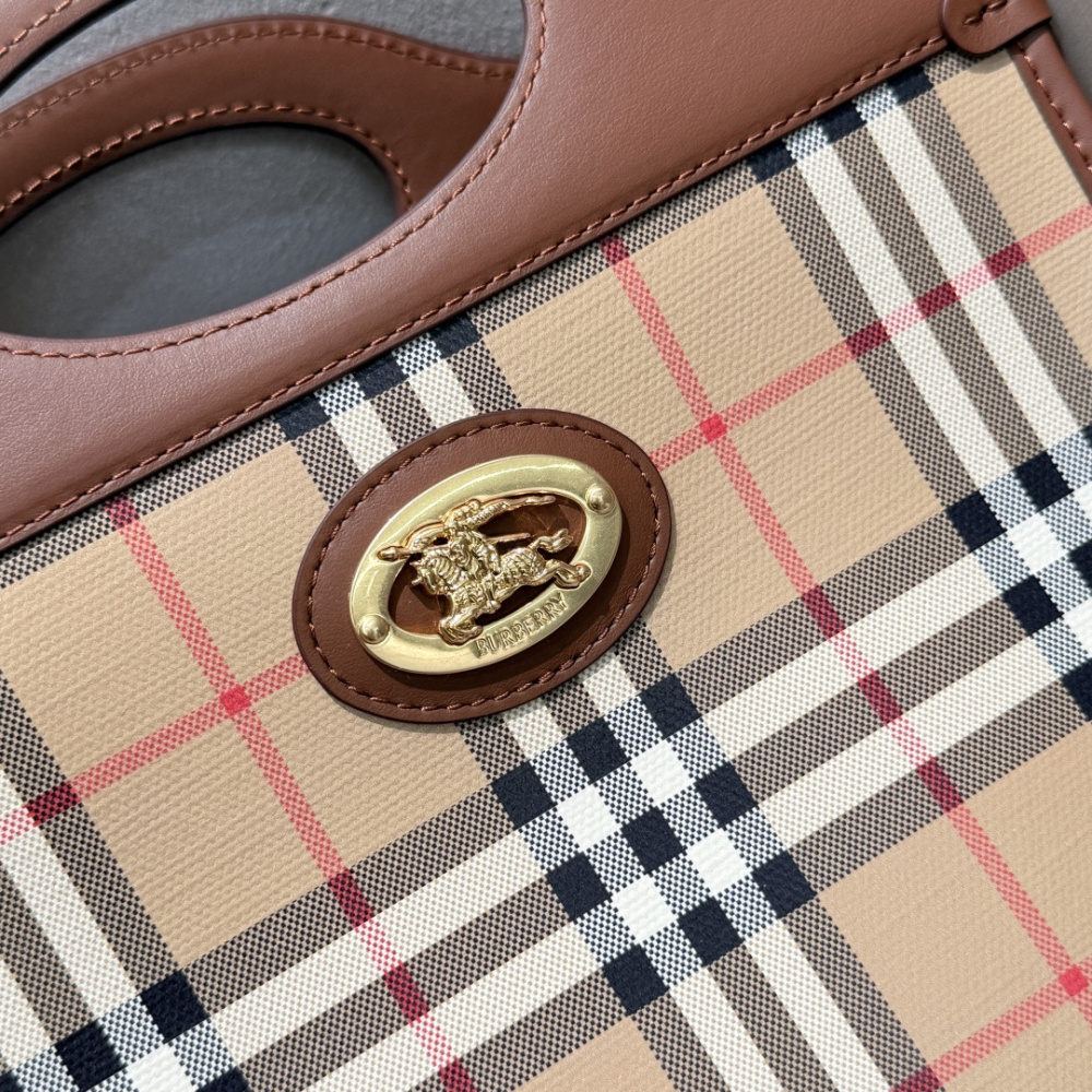 Burberry Vintage Check Pocket Tote Archive Beige Plaid Canvas Brown Leather Trim Two Sizes Crossbody Bag