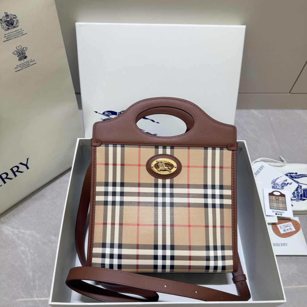 Burberry Vintage Check Pocket Tote Archive Beige Plaid Canvas Brown Leather Trim Two Sizes Crossbody Bag