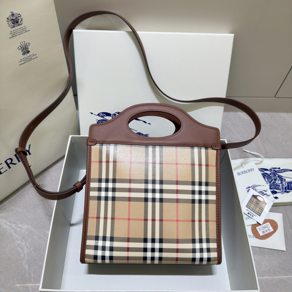 Burberry Vintage Check Pocket Tote Archive Beige Plaid Canvas Brown Leather Trim Two Sizes Crossbody Bag