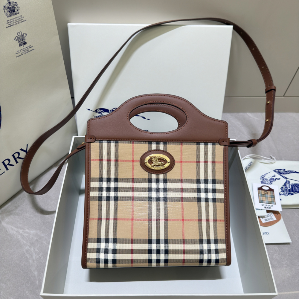 Burberry Vintage Check Pocket Tote Archive Beige Plaid Canvas Brown Leather Trim Two Sizes Crossbody Bag