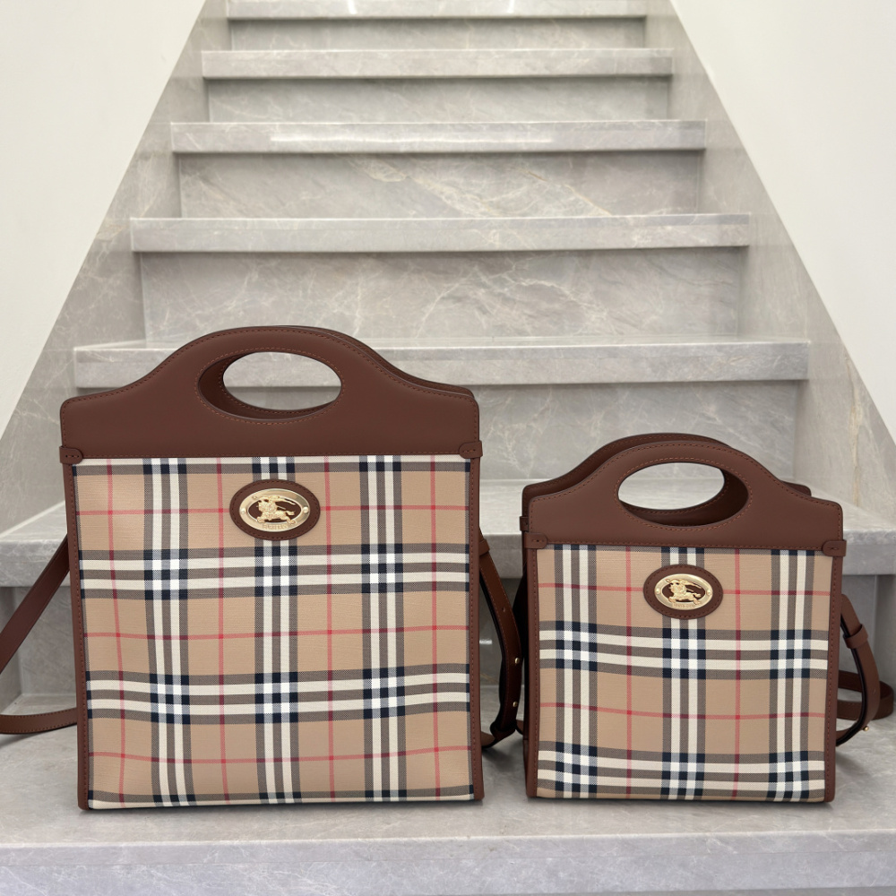 Burberry Vintage Check Pocket Tote Archive Beige Plaid Canvas Brown Leather Trim Two Sizes Crossbody Bag