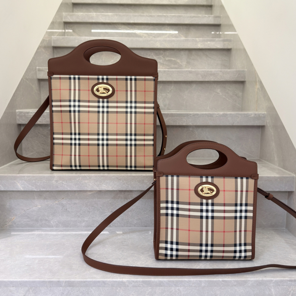 Burberry Vintage Check Pocket Tote Archive Beige Plaid Canvas Brown Leather Trim Two Sizes Crossbody Bag