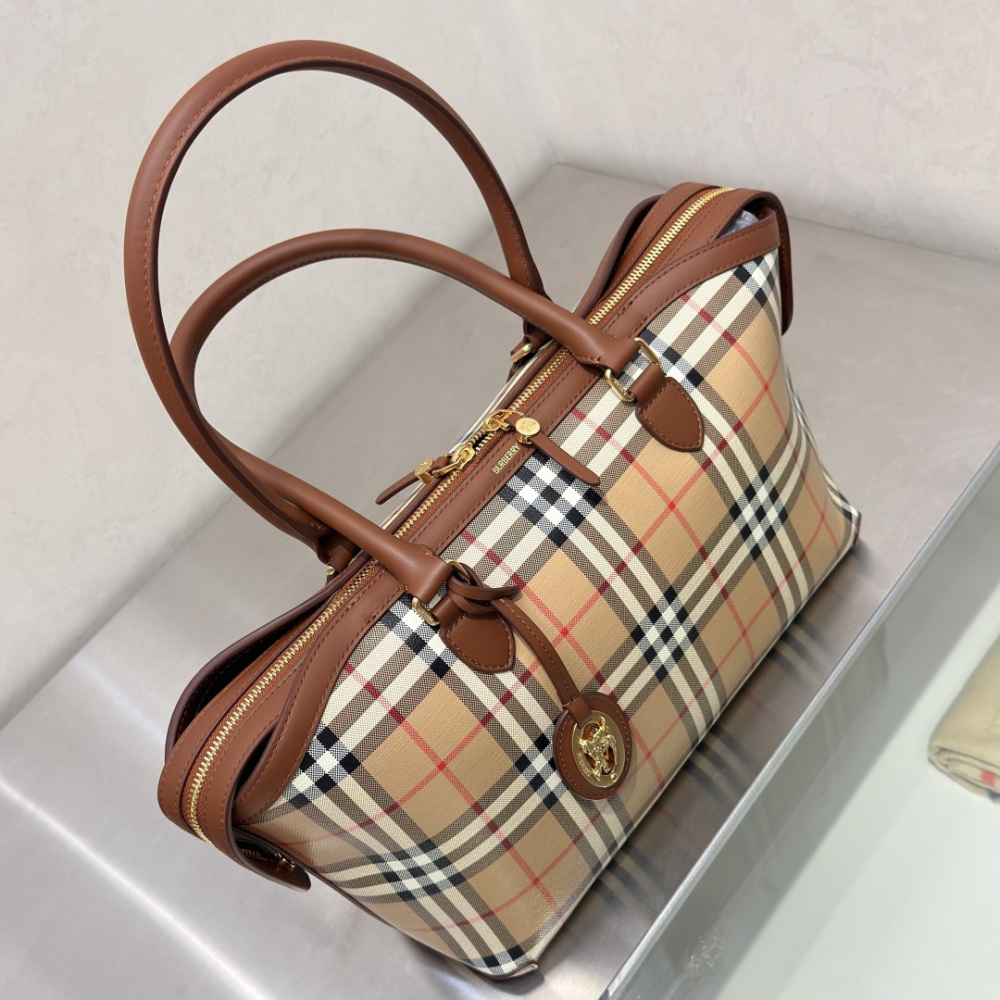 Burberry Check Trench Zip Tote Vintage Sand Check Canvas Brown Leather Trim Two Sizes Handbag