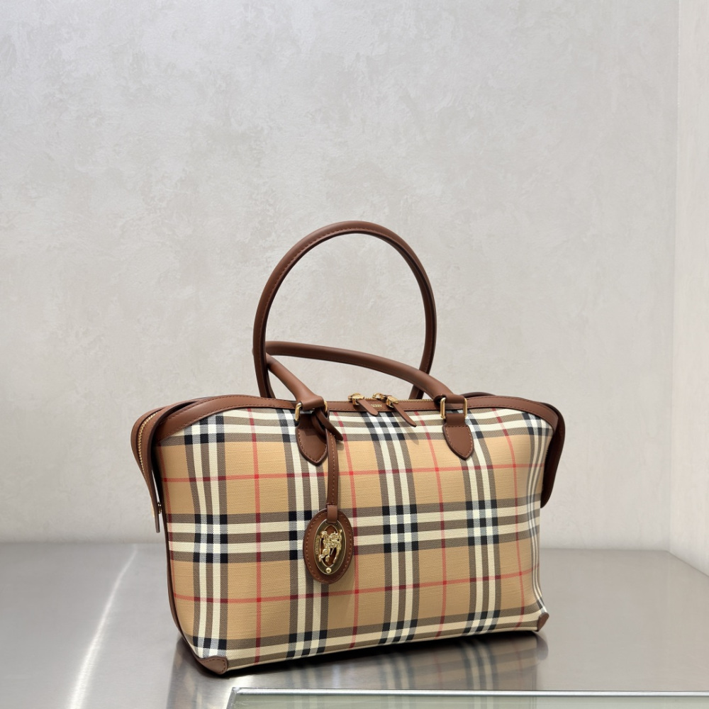Burberry Check Trench Zip Tote Vintage Sand Check Canvas Brown Leather Trim Two Sizes Handbag