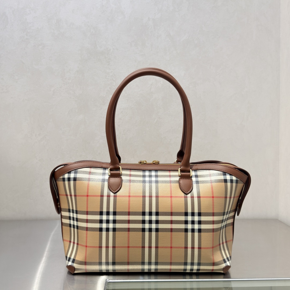Burberry Check Trench Zip Tote Vintage Sand Check Canvas Brown Leather Trim Two Sizes Handbag