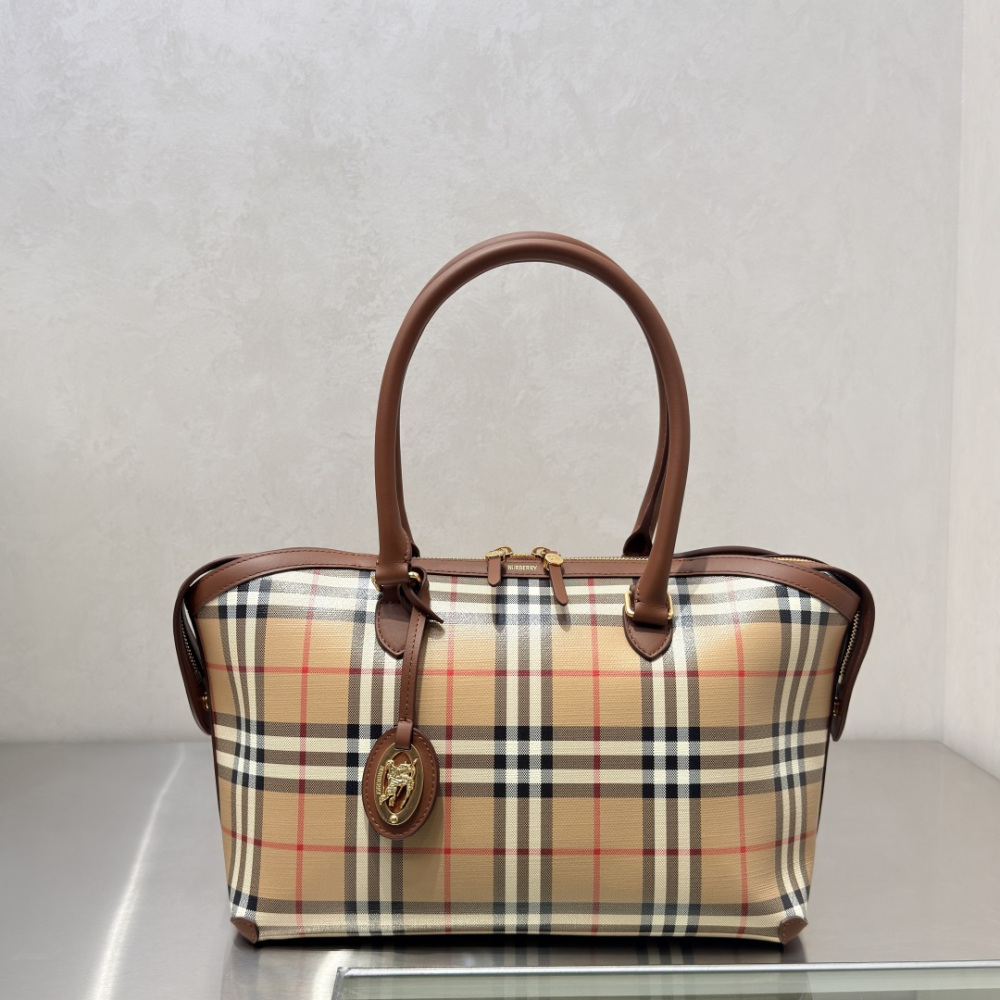 Burberry Check Trench Zip Tote Vintage Sand Check Canvas Brown Leather Trim Two Sizes Handbag