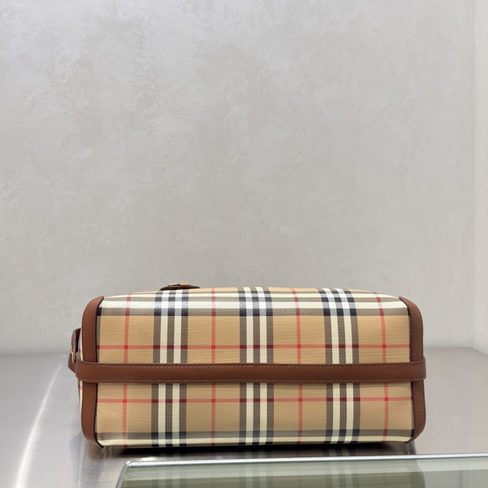 Burberry Check Trench Zip Tote Vintage Sand Check Canvas Brown Leather Trim Two Sizes Handbag