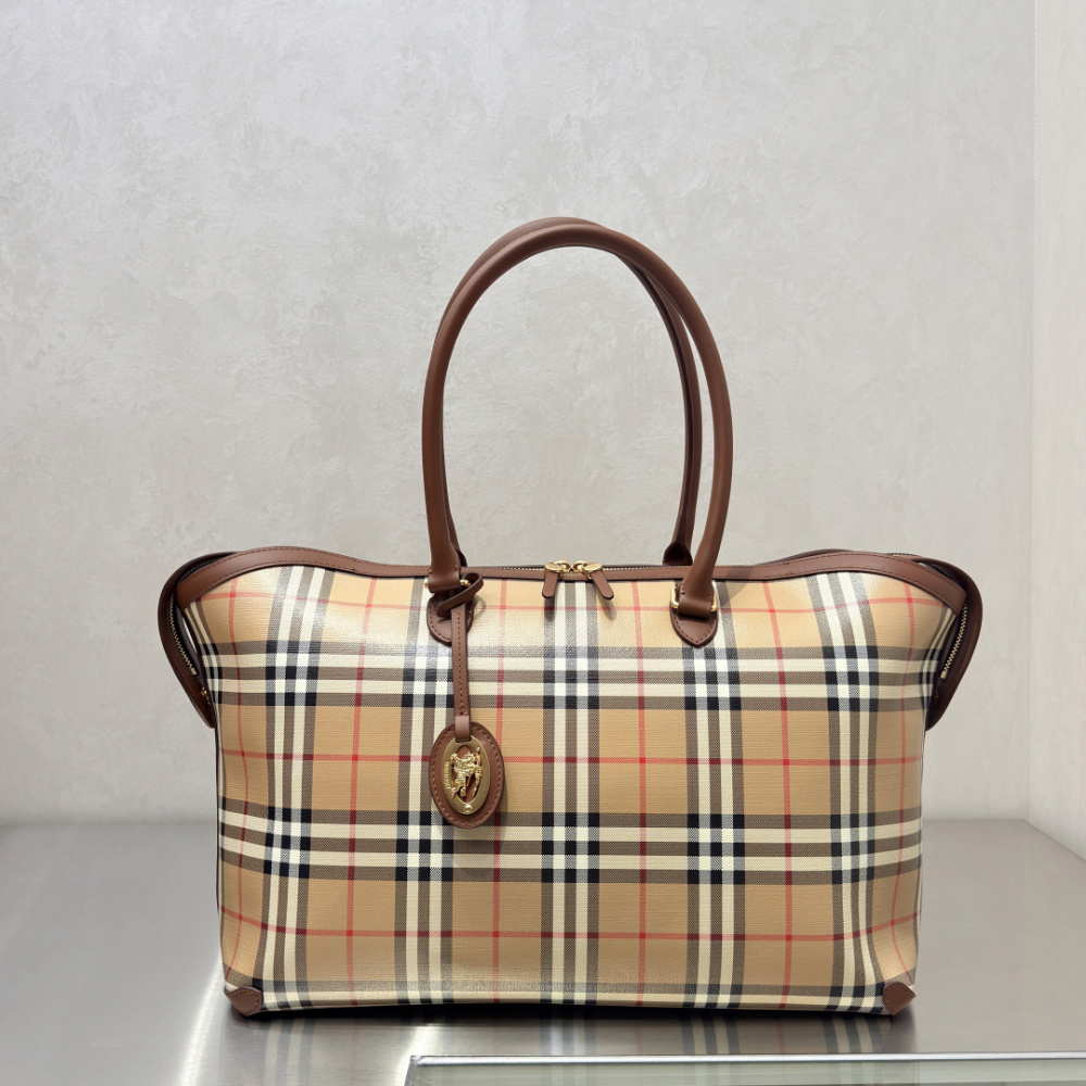 Burberry Check Trench Zip Tote Vintage Sand Check Canvas Brown Leather Trim Two Sizes Handbag