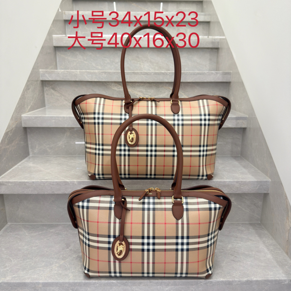 Burberry Check Trench Zip Tote Vintage Sand Check Canvas Brown Leather Trim Two Sizes Handbag