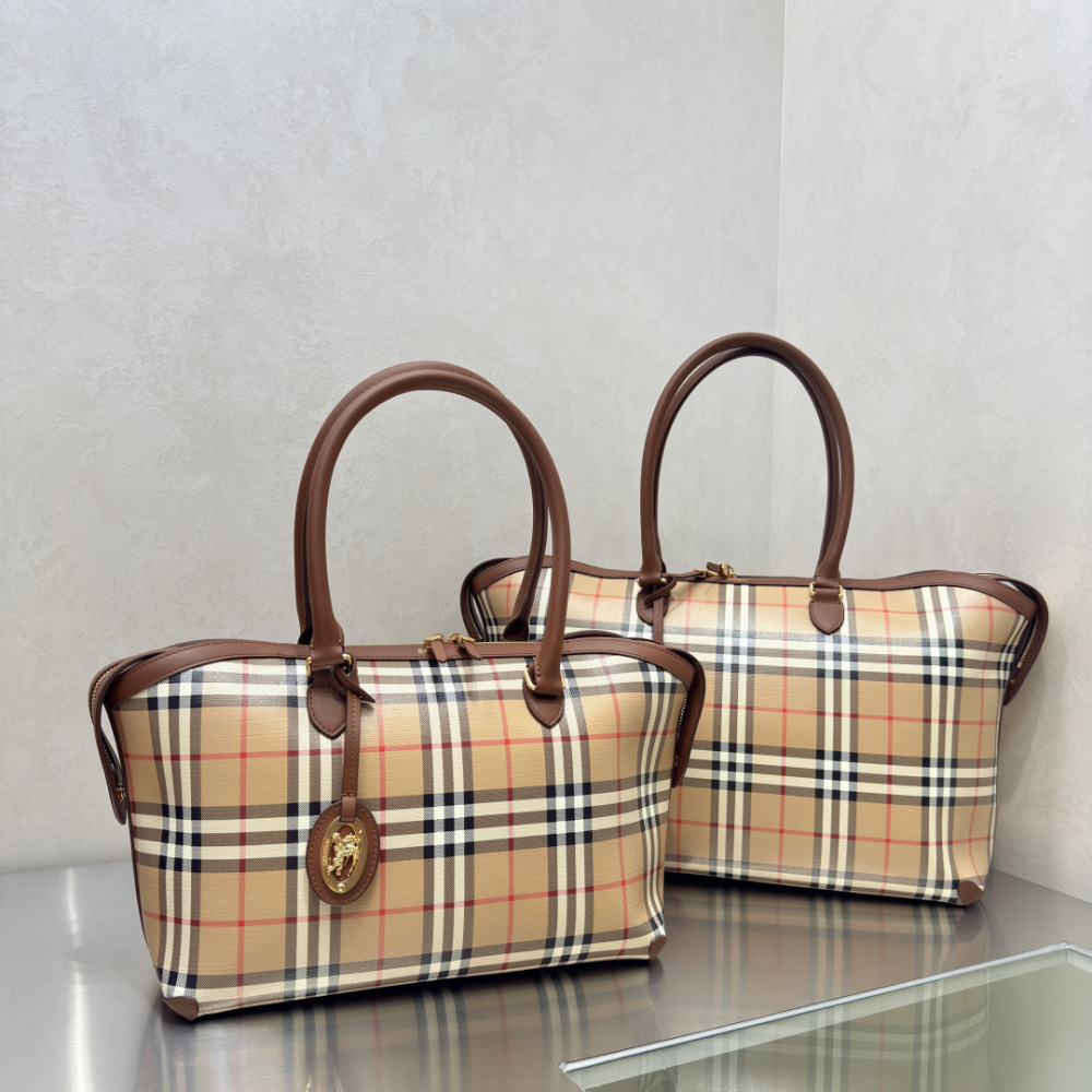 Burberry Check Trench Zip Tote Vintage Sand Check Canvas Brown Leather Trim Two Sizes Handbag