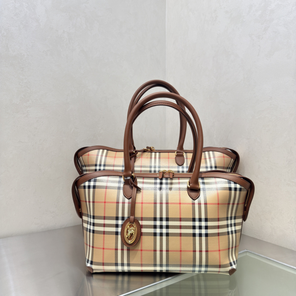 Burberry Check Trench Zip Tote Vintage Sand Check Canvas Brown Leather Trim Two Sizes Handbag