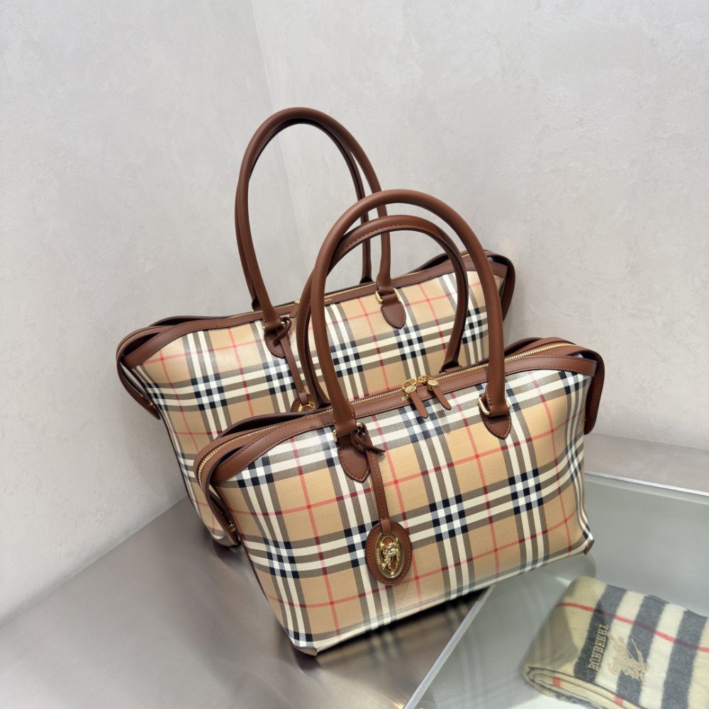 Burberry Check Trench Zip Tote Vintage Sand Check Canvas Brown Leather Trim Two Sizes Handbag