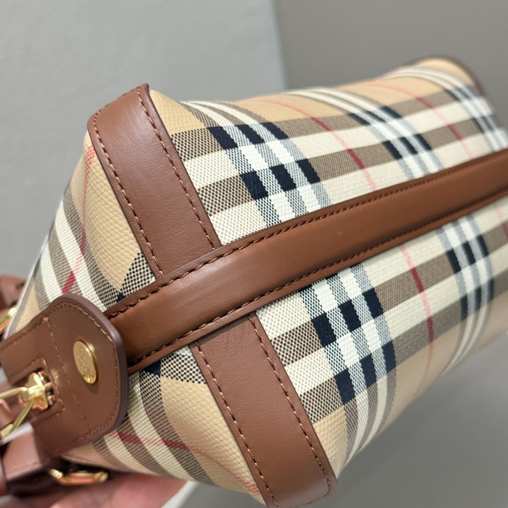 Burberry Vintage Check Dome Top Handle Bag Archive Beige Check Canvas Brown Leather Trim Two Sizes