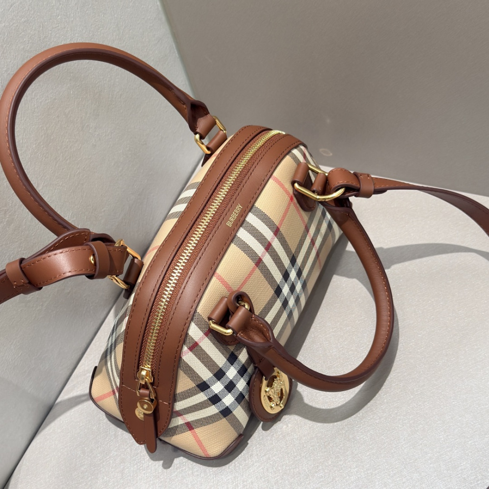 Burberry Vintage Check Dome Top Handle Bag Archive Beige Check Canvas Brown Leather Trim Two Sizes