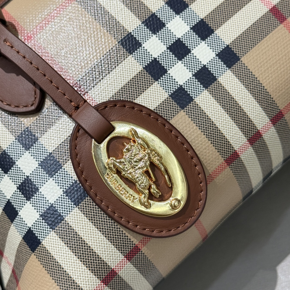 Burberry Vintage Check Dome Top Handle Bag Archive Beige Check Canvas Brown Leather Trim Two Sizes