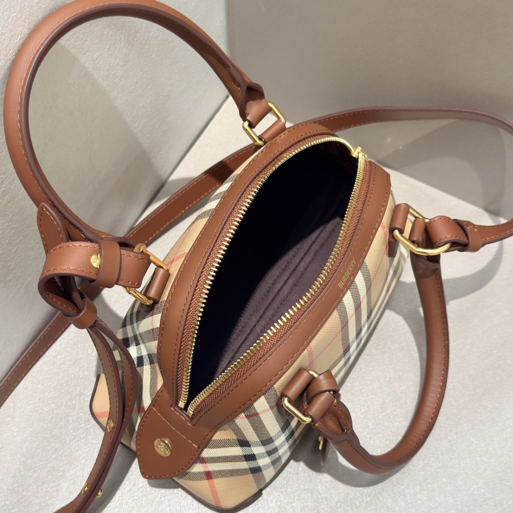 Burberry Vintage Check Dome Top Handle Bag Archive Beige Check Canvas Brown Leather Trim Two Sizes