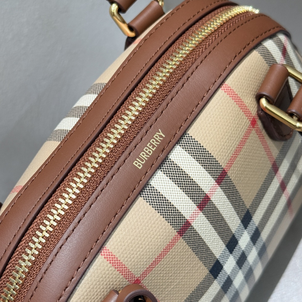 Burberry Vintage Check Dome Top Handle Bag Archive Beige Check Canvas Brown Leather Trim Two Sizes