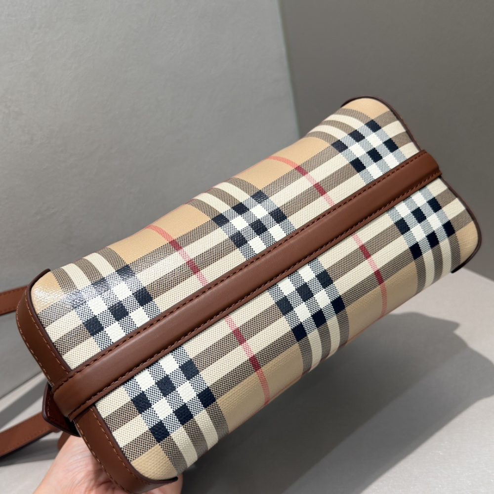Burberry Vintage Check Dome Top Handle Bag Archive Beige Check Canvas Brown Leather Trim Two Sizes