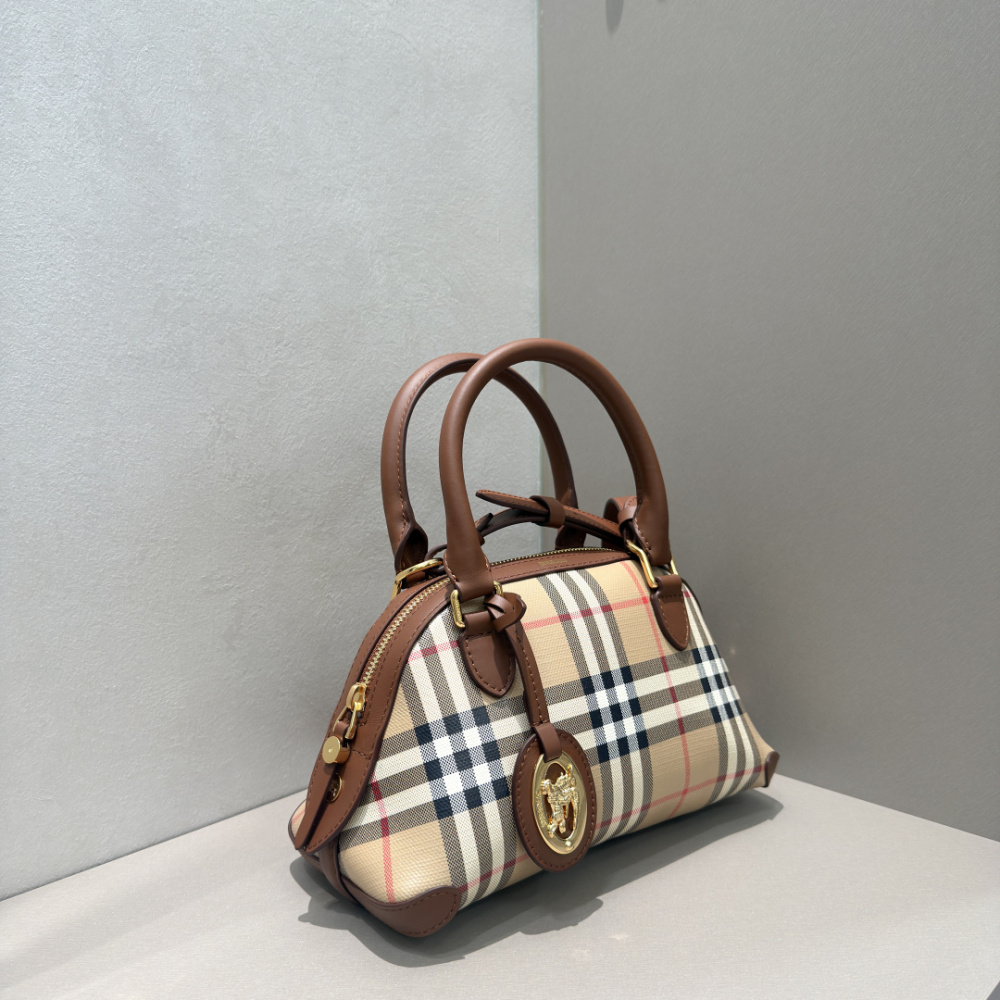Burberry Vintage Check Dome Top Handle Bag Archive Beige Check Canvas Brown Leather Trim Two Sizes