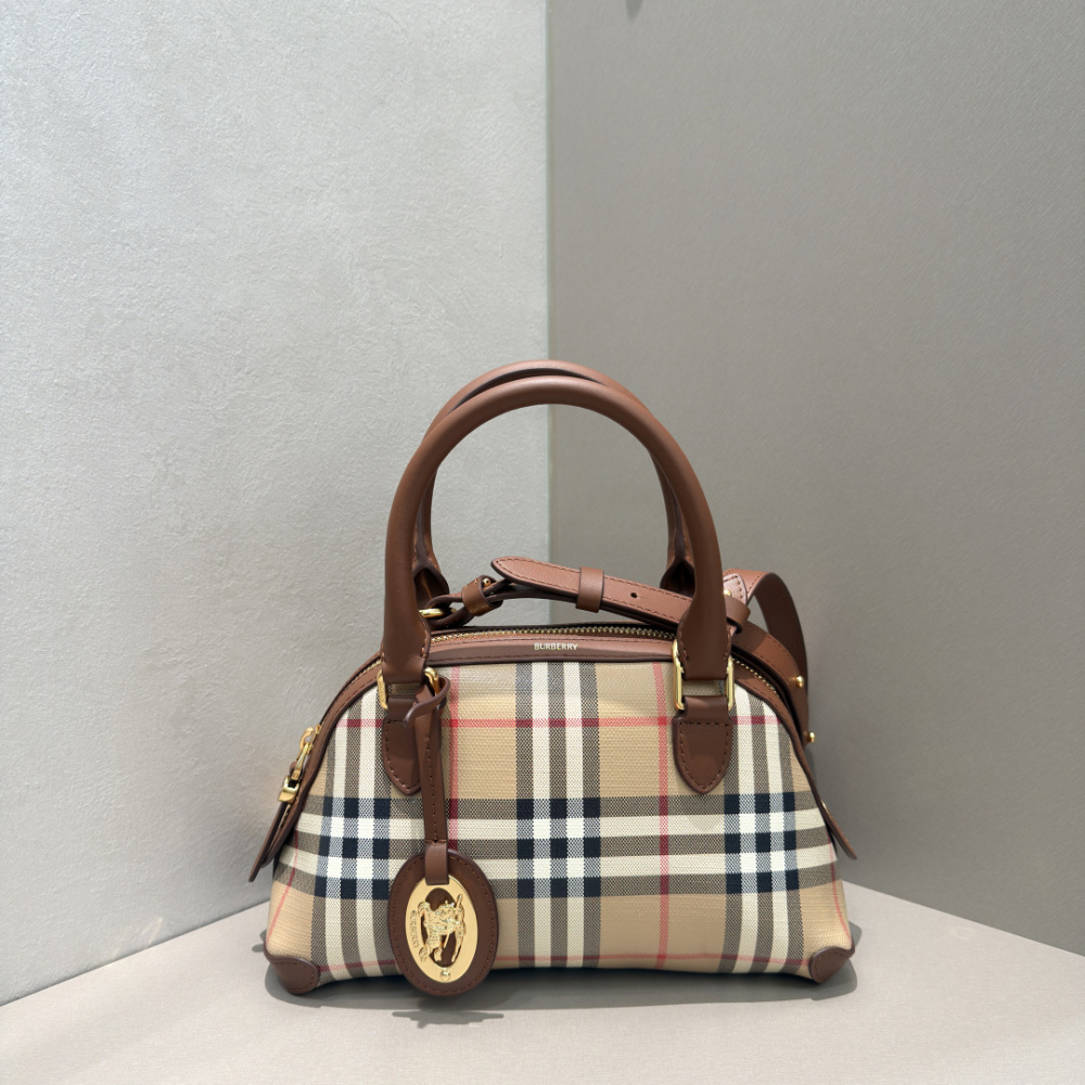 Burberry Vintage Check Dome Top Handle Bag Archive Beige Check Canvas Brown Leather Trim Two Sizes